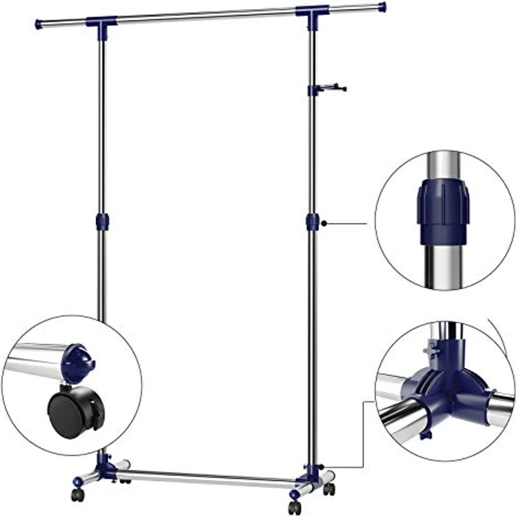 Songmics Kleiderständer, Garderobenständer auf Rollen, Rohre mit Edelstahlbeschichtung, mit ausziehbarer Kleiderstange, seitliche Haken für Accessoires, höhenverstellbar 97-165 cm, Blau – Bild 5