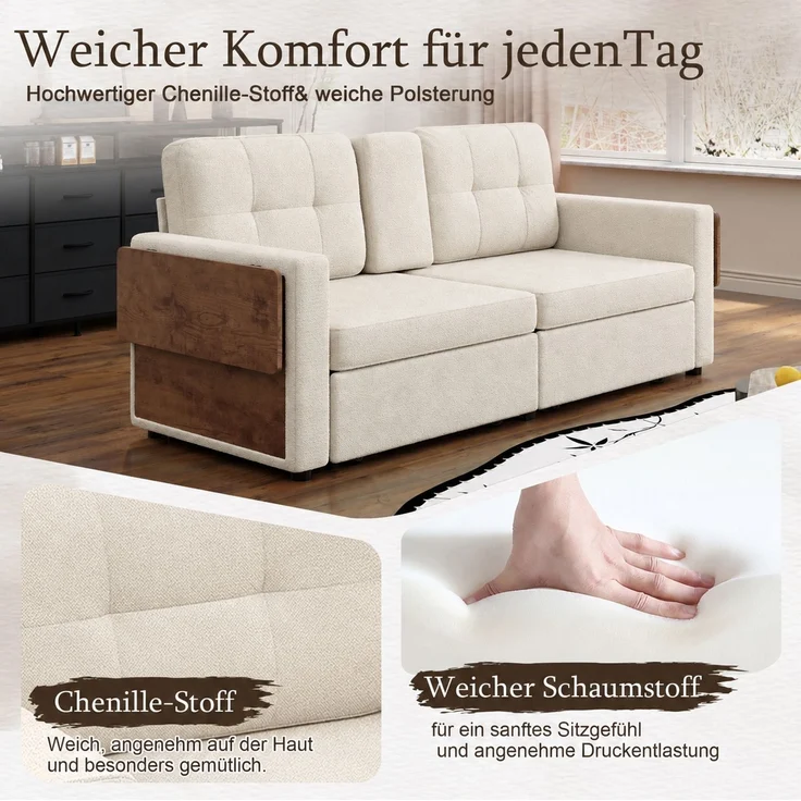 ZUBALIYA Schlafsofa 71x57.5 cm, mit Schreibtisch, mit Schubladen, mit Stauraum, mit Ablageflächen, mit Ausziehbett, Beige – Bild 5