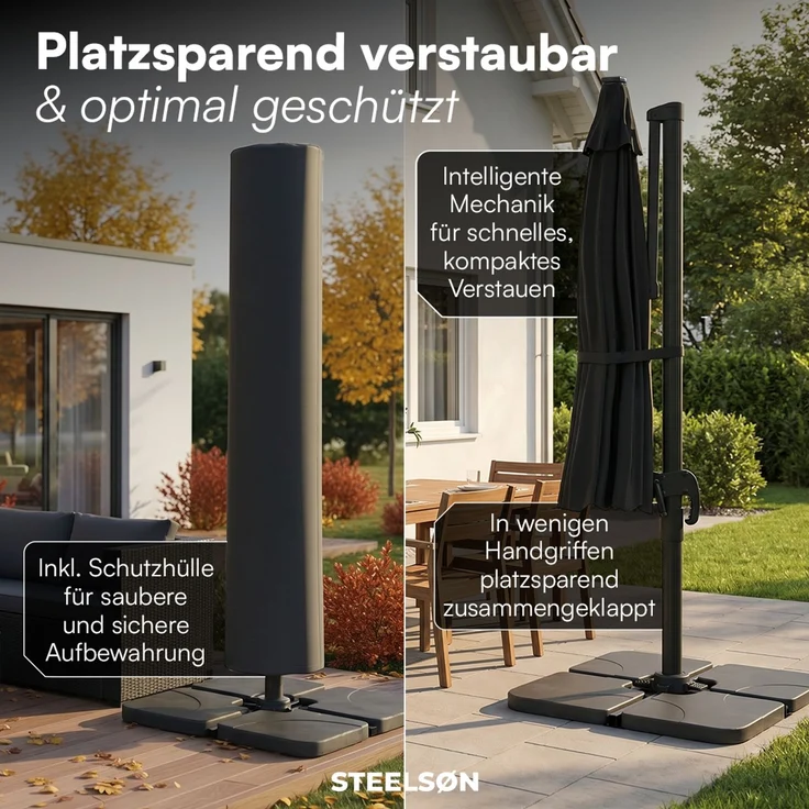 STEELSØN 'Lyrion' Sonnenschirm LED Solar 300x300 cm quadratisch, neigbar und 360-Grad drehbar, schwarz, Ampelschirm inkl. Abdeckung, UV50+ – Bild 8