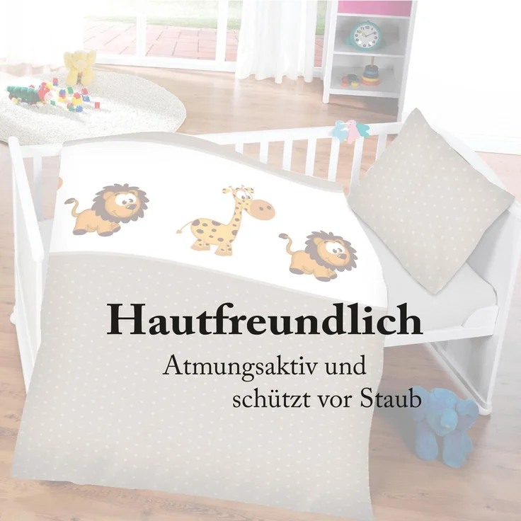Kinder Bettwäsche 2-tlg ( 100x135cm / 40x60cm ) Bettdecken Set, 100% Baumwolle - Babybettwäsche mit Motiv Löwe & Giraffe – Bild 4