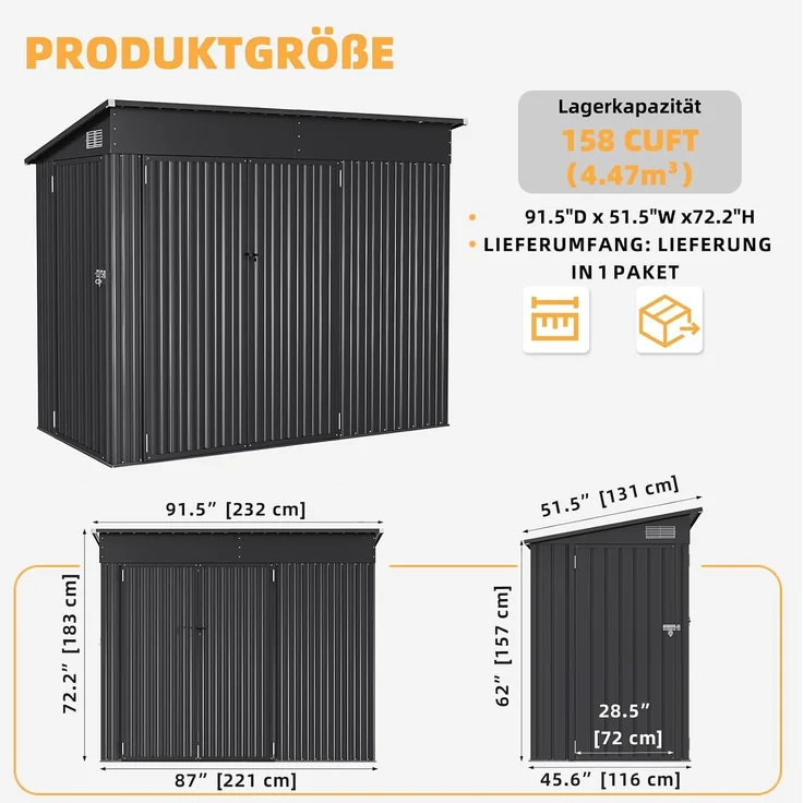Aoxun Gartenhaus Metall 232x131x183cm mit 3 Türen & Pultdach, wetterfestes Fahrradgarage für bis 4 Fahrräder, Stabiler Geräteschuppen aus verzinktem Stahl für Garten Terrasse Hof, Schwarz – Bild 3