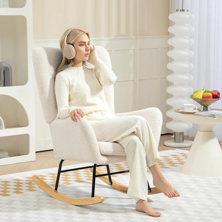 HOMCOM Schaukelstuhl Schaukelsessel mit Armlehne, Teddystoff-Optik (Relaxsessel Schwingsessel, 1 St), für Wohnzimmer, Schlafzimmer, Cremeweiß – Bild 2