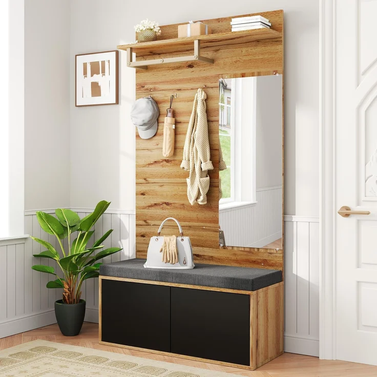 Kleiderschranksets, Kompaktkleiderschränke, Flurschränke mit Spiegeln und Kissen sowie Garderobenpaneele am Eingang.(Not a one-piece product, holes need to be drill on the wall)--Schwarz--100x38x190cm--YOUDENOVA – Bild 6