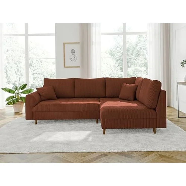 S-Style Möbel Ecksofa Zara mit Braun Holzfüßen im skandinavischen Stil aus Cord-Stoff, Ottomane links oder rechts bestellbar, mit Wellenfederung – Bild 4