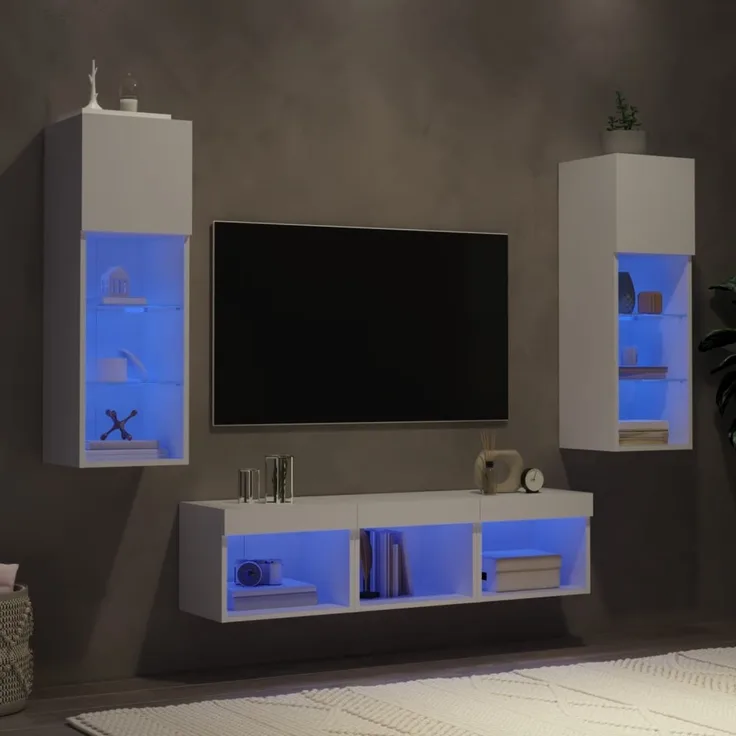 vidaXL 5-tlg. Wohnwand mit LED-Beleuchtung Weiß Holzwerkstoff 3216597