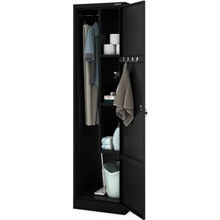 Jan Nowak Besenschrank Haushaltsschrank Metall - Agnes | 50 x 185 x 50 cm | Mehrzweckschrank Weiß mit Regale und Kleiderstange | Schloss, Belüftung | Putzschrank Schmal 50 cm Breit | Schwarz – Bild 4