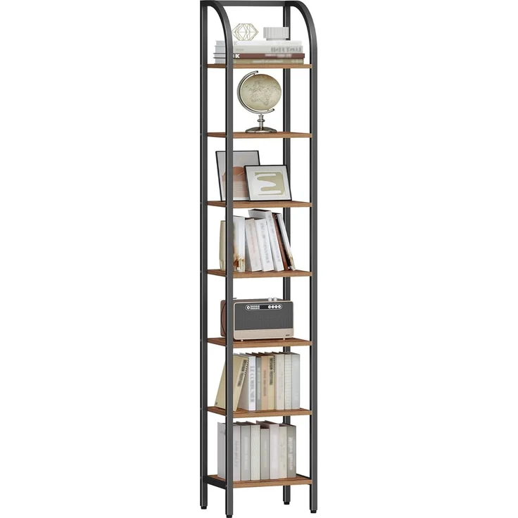 Regal, Bücherregal, 7 Ebenen Standregal, DVD-Regal, Schmale Regale, Industriestil Büroregal, Metallrahmen für Wohnzimmer, Schlafzimmer, Küche, Vintagebraun-Schwarz – Bild 2