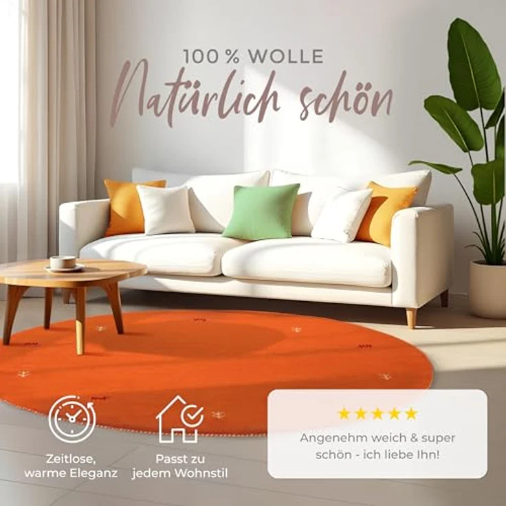 carpetfine 'Gabbeh Uni' Wollteppich, reine Wolle, Orange, ⌀ 150 cm – Bild 3