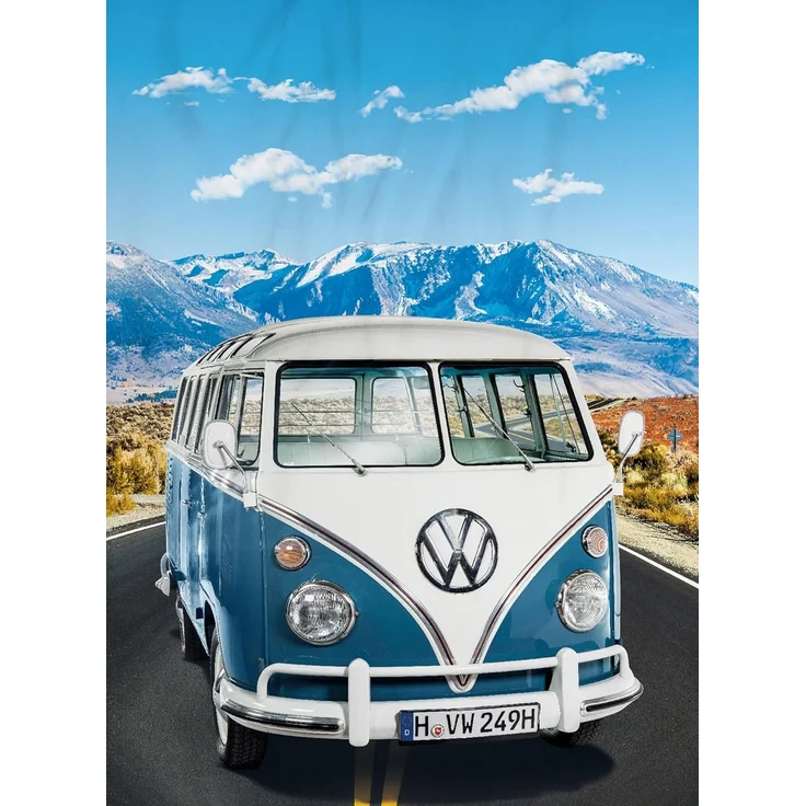 BERONAGE Tagesdecke Volkswagen Decke VW Bulli T1 Adventure Blau 150x200 cm Kuscheldecke, passend zur Bettwäsche, ideal für Sofa, Couch, Bett, Auto, Camping – Bild 1