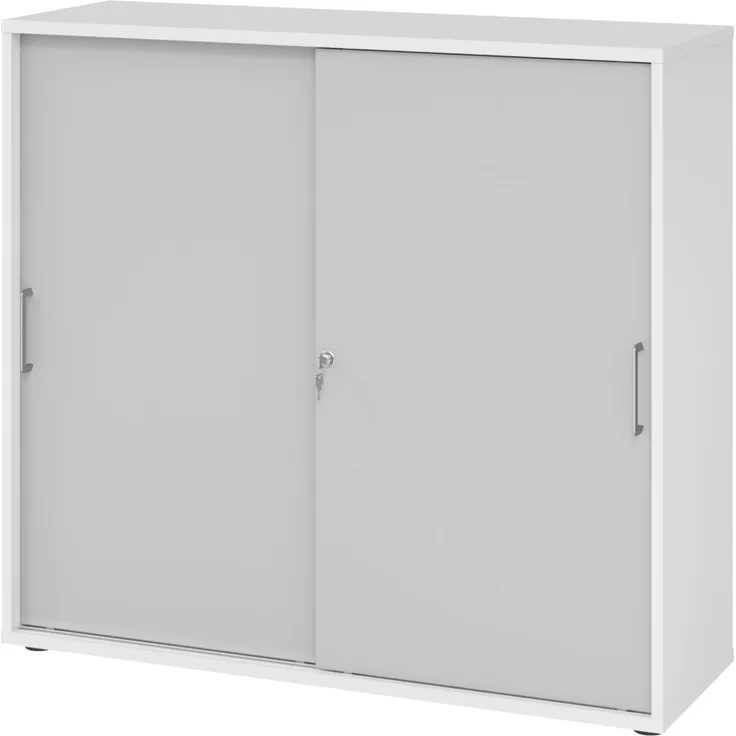 bümö Schiebetürenschrank 3OH - Aktenschrank abschließbar, Sideboard Schrank mit Schiebetüren in Weiß/Grau, Bügelgriff - Büroschrank aus Holz mit Schiebetür, Büro Kommode für Ordner & Co, 1753S-W-5-BS