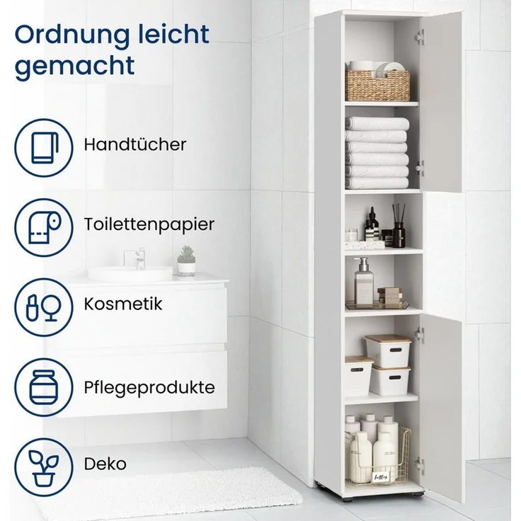 Home Collective Badkommode Badezimmerschrank Hochschrank 6 Fächer – robust & pflegeleicht, 35x35x187 cm (BxTxH), Weiß, 2 Türen, vielseitig & kompakt – Bild 2