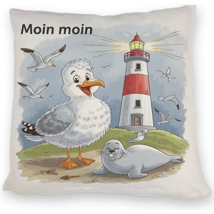 speecheese Dekokissen Fröhliche Möwe und Leuchtturm Kissen - MOIN MOIN – Bild 2
