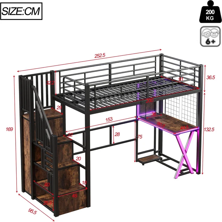 Kinder-Hochbett 90x200 cm mit Schreibtisch, Kleiderschrank, Aufbewahrungsleiter,fernbedienbares LED-Ambientelicht,Schwarz – Bild 7