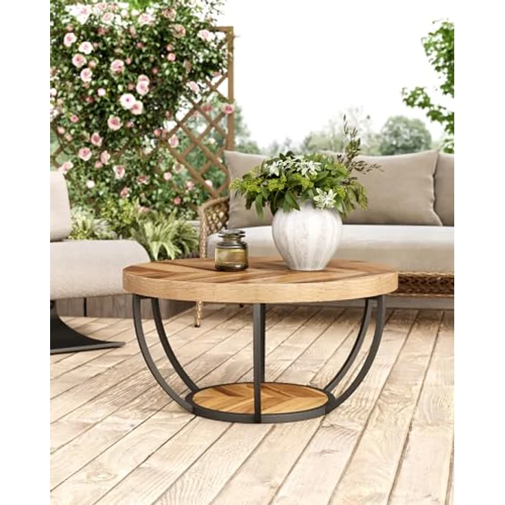 LITTLE TREE Runder Couchtisch, 81,3 cm, runder Couchtisch für Wohnzimmer, 2-stöckiger Holzakzent-Mitteltisch mit offenem Stauraum, Industrie-Design, Wohnmöbel (Holzmaserung und Schwarz) – Bild 6