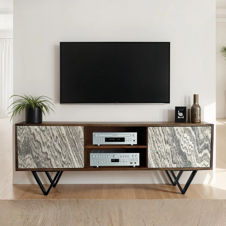 FineBuy Lowboard Sheesham Massivholz 150x56x35 cm TV-Kommode mit Steinoptik Weiß, Design TV-Schrank Hoch, Fernsehtisch Fernsehschrank Modern zwei Türen, Fernsehkommode Wohnzimmer mit Metallbeine – Bild 1
