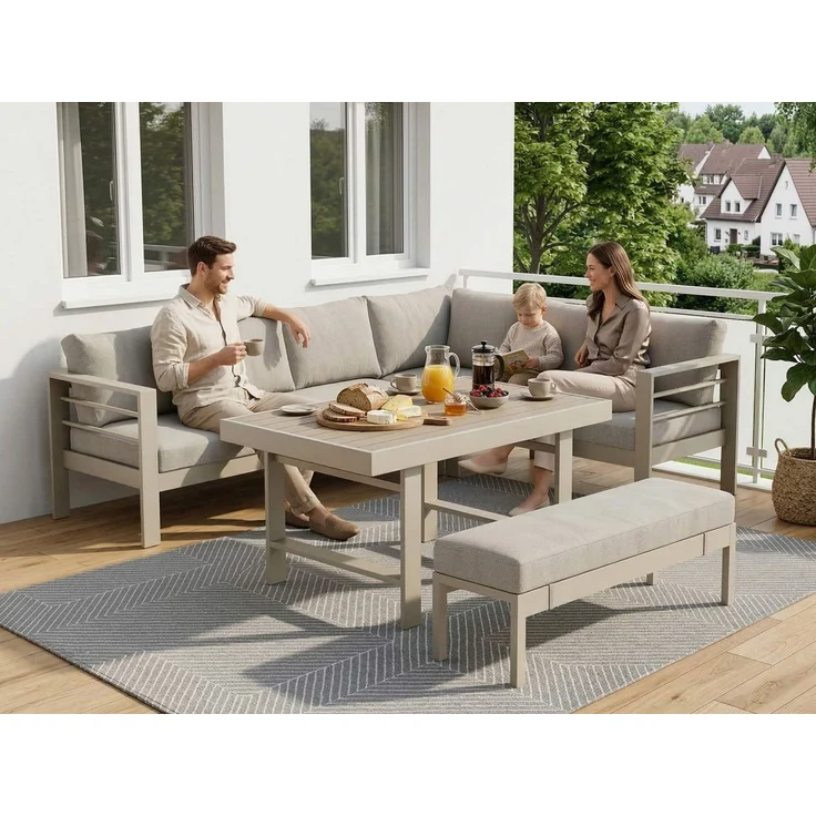 MeXo Gartenlounge-Set XXL Gartenmöbel Set Aluminium für 6-8 Personen, (Dining Loungeset Outdoor, 5-tlg, mit 12 cm dicken Sitzkissen, pflegeleichte Polywood-Tischplatte), wetterfeste Ecklounge mit Esstisch – Bild 3