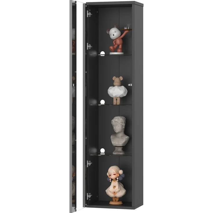 ZUBALIYA Vitrine, mit LED-Beleuchtung, mit App-Steuerung, mit Glasböden, wandmontierbar, H 170 × T 40 × B 29 cm, Schwarz, Spanplatte – Bild 10
