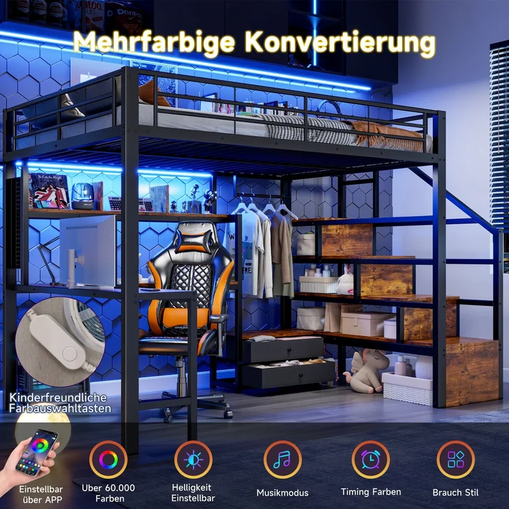 Merax Hochbett, Kinderbett 140 x 200 cm, Jugendbett mit 2 Schubladen, mit LED-Lichtleiste, Schreibtisch, Ohne Matratze, Schwarz – Bild 8