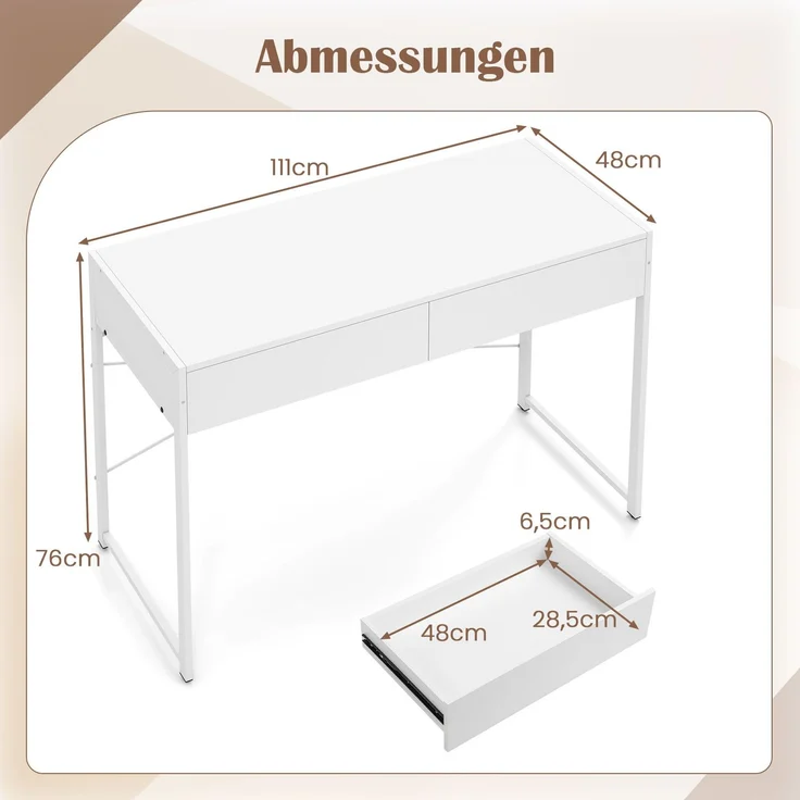 Computertisch mit 2 Schubladen Kompakter Schreibtisch mit Strapazierfähigem Metallrahmen Weiß SH1404 – Bild 2