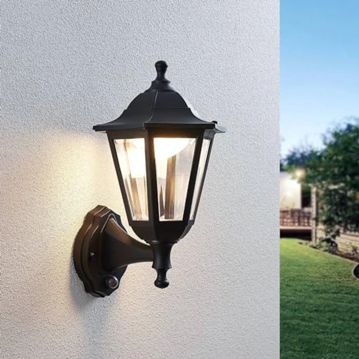 Lindby Iavo LED Wandleuchte außen mit Bewegungsmelder, spritzwassergeschützt, Retro Vintage Antik in Schwarz, 1-flammig – Bild 3
