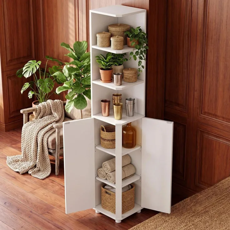 Halupeit Weißer Eckwaschtisch mit Stauraum, schmaler Doppeltürschrank, verstellbare Einlegeböden, 30,5 × 30,5 × 170,5 cm