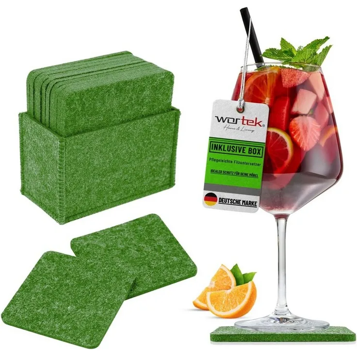 wortek Getränkeuntersetzer Filz-Untersetzer Eckig für Gläser 10er Set + Box, Zubehör für Tisch & Gläser, Set, 10-tlg, waschbare Getränke Glasuntersetzer Gläser, Tischuntersetzer Filz 10 cm