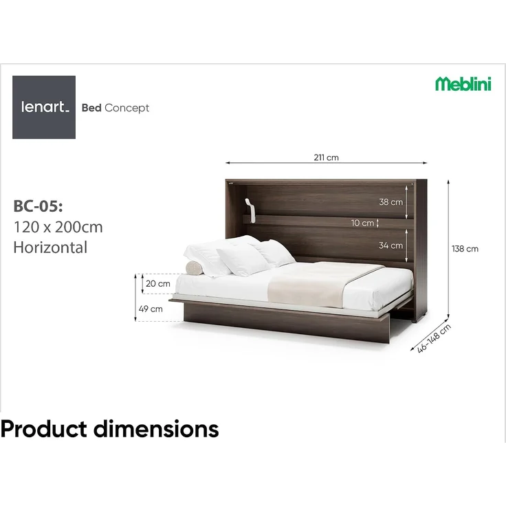 MEBLINI Schrankbett BC-05 - 120x200cm Horizontal - Dunin Eiche - Wandbett mit Lattenrost - Klappbett mit Schrank - Wandklappbett - Murphy Bed - Bettschrank – Bild 3