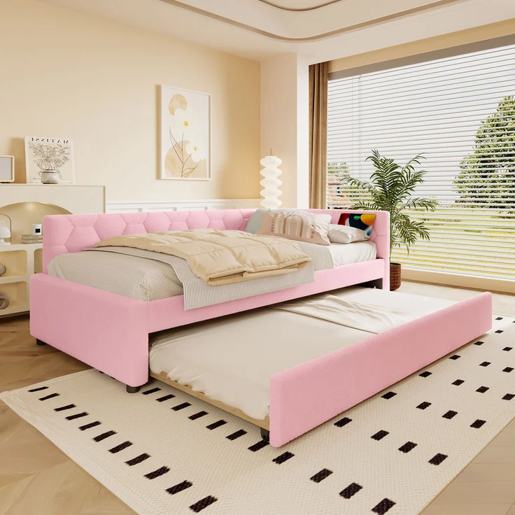 Daybett, 90*200cm Tagesbett, Schlafsofa, Bett mit Lattenrost (ohne Matratze), mit Nachttischlampe, mit multifunktionalem Ausziehbett, USB-Anschluss, Typ-C, Komfortmaterial, Boucle, Rosa – Bild 1