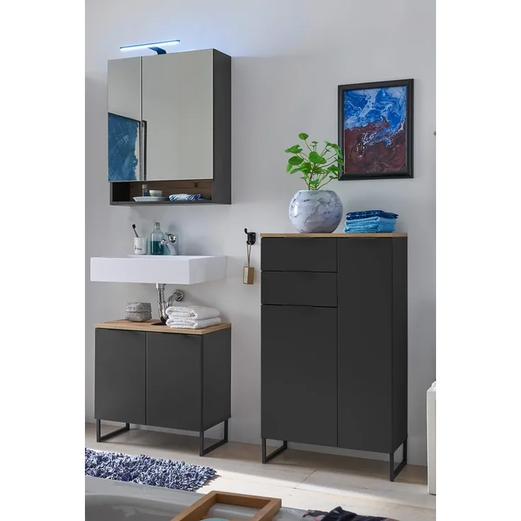 Badezimmer-Set >Denver< (3-tlg.) in schwarz / Evoke Eiche Dekor - 140x195x35 (BxHxT)