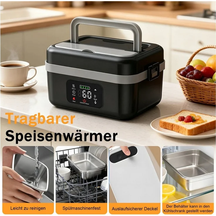 AKKEE Elektrische Lunchbox 1L Electric Lunch Box for Adult mit automatischer Aufheizfunktion, Wärmespeicher- und Timer-Heizfunktionen – Bild 3