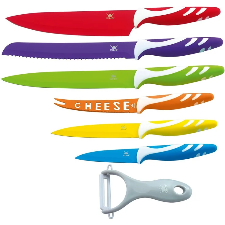 KING Messer-Set FRUTI (Set, 6-tlg, arbenfroher Farbmix, mit Käsemesser), inklusive Schäler und mit speziellem Käsemesser