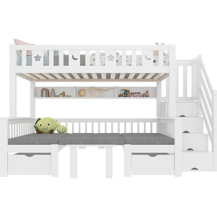 Hochbett 90x200 cm, multifunktionales Kinderbett mit integriertem Klapptisch, Stauraumleiter und gepolstertem Unterbett – Bild 9