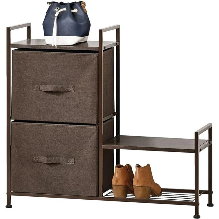Regalsystem Schrank Holzablage mit 2 Stoffschubladen mDesign Metallrahmen braun – Bild 1