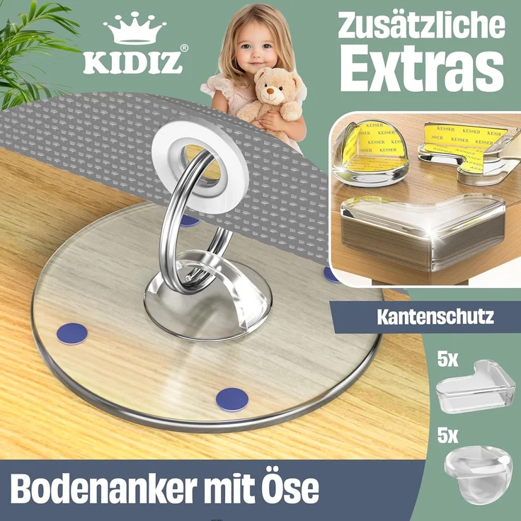 KIDIZ® Treppenschutzgitter Türschutzgitter ausziehbar bis 140/180cm | kindersicheres Treppengitter für Babys & Haustiere | Schutzgitter Treppen & Türen Absperrgitter inkl. Bodenanker & Montagezubehör Hellgrau, 0-180cm – Bild 8