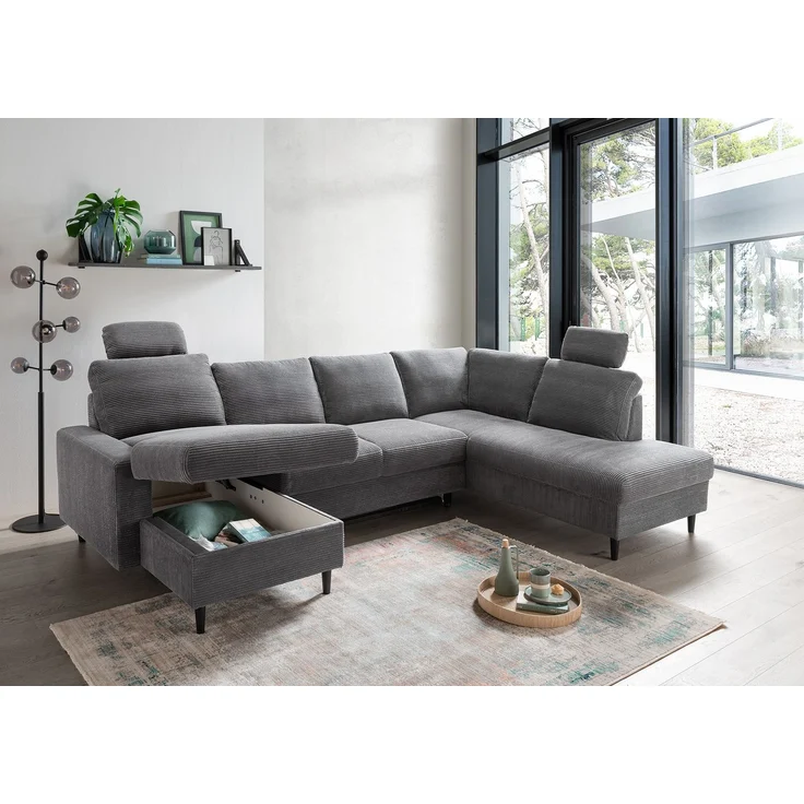 Wohnlandschaft U-Form Sofa Schlaffunktion Couch Bettkasten Cord Dunkelgrau – Bild 3