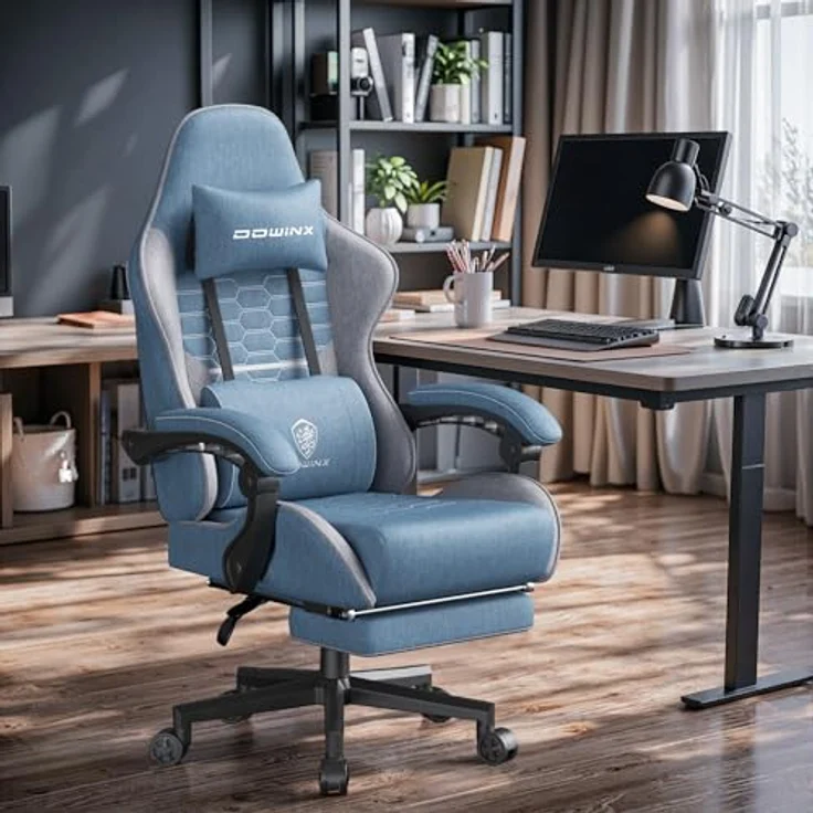 Dowinx Gaming Stuhl Tasche Frühling Kissen, Atmungsaktiver Bürostuhl aus Hochwertigem Stoff, Ergonomischer PC-Stuhl mit Kopfstütze, Drehbarer Schreibtischstuhl mit Fußstütze (Blau) – Bild 3
