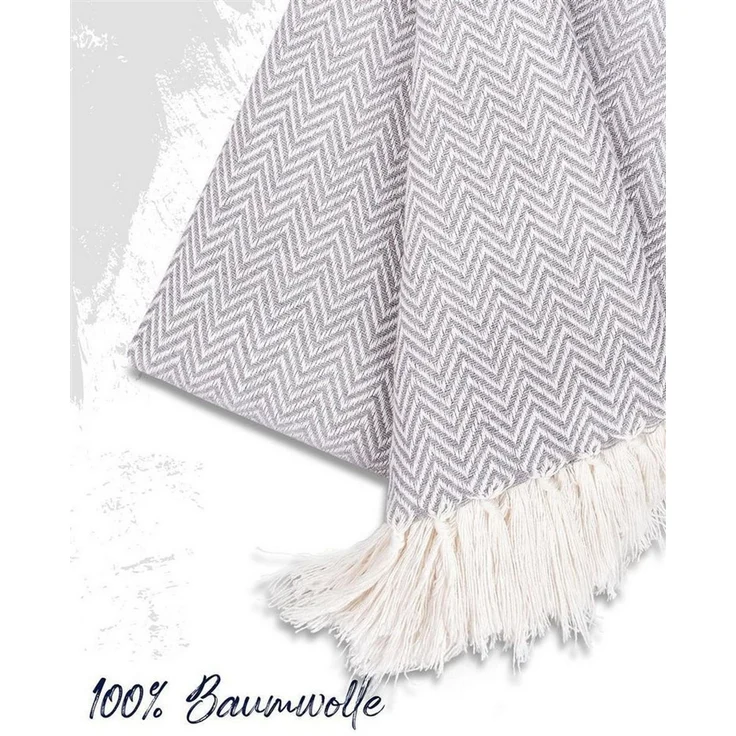 Gräfenstayn Tagesdecke mit Fransen aus 100% Baumwolle – Baumwolldecke mit Fischgrätenmuster, Wohndecke als Sofa-Überwurf, Bett-Überwurf, Couch-Überwurf, Sofa-Decke – Bild 1