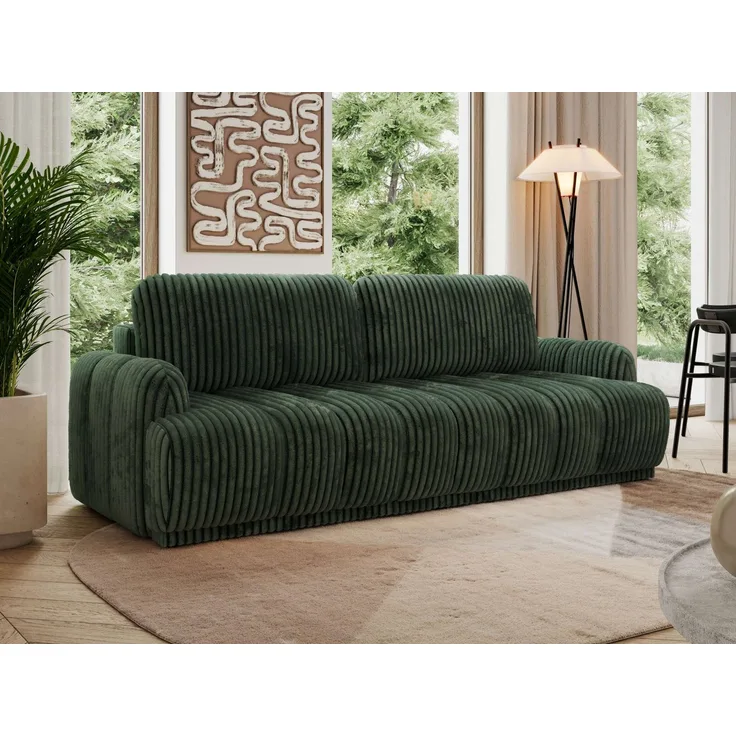 Schlafsofa ACCORDO 3-Sitzer mit Schlaffunktion, DL-Mechanismus, Wellenfederung & Massivholz, freistehend rundum bezogen - Grün Cordstoff
