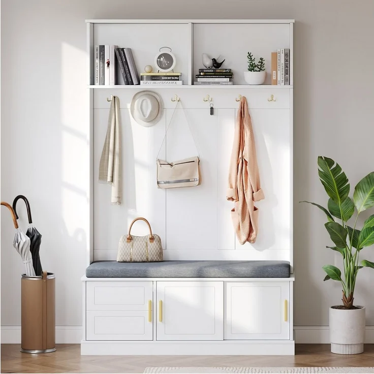 Merax Garderoben-Set mit Schuhbank & 6 Haken, (1-St, B120/T40/H191 cm), Garderobenständer Flurgarderobe mit Ablage & 3 Türen, freistehend – Bild 1