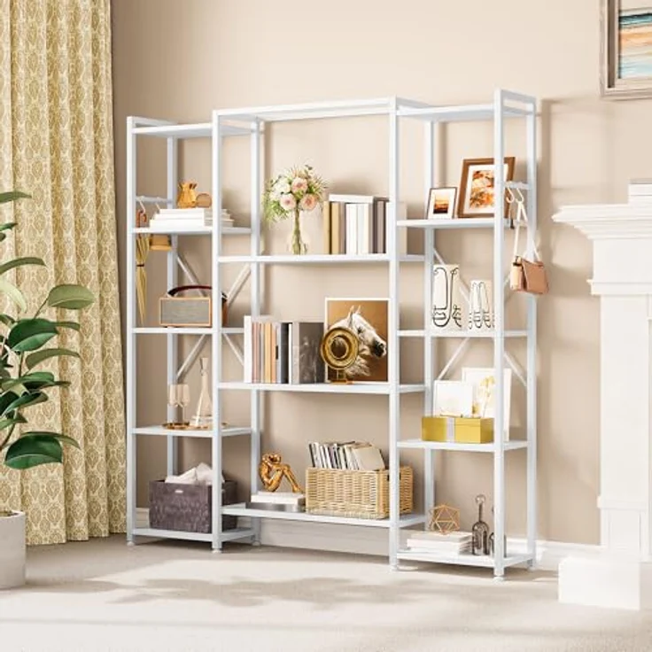 YITAHOME Industrielles Bücherregal 73 cm breit, Stehend Offen Aus Holz Und Metallrahmen Mit 13 Regalen, Präsentationsregal Für Wohnzimmer, Heimbüro, Reinweiß – Bild 6