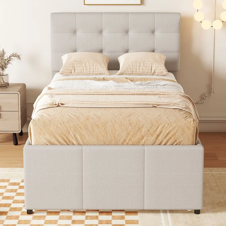 Polsterbett 90x200 cm aus Leinen mit Ausziehbett und Stauraum – verstellbares Kopfteil – Bild 2