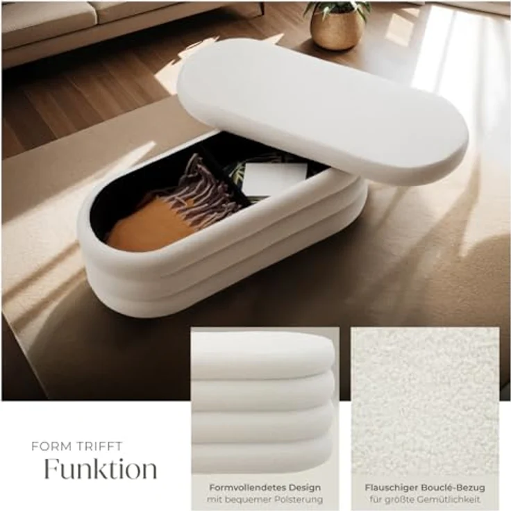 tectake® Sitzbank mit Stauraum, Scandi Sitzhocker, Hocker mit Stauraum, Teddy Stoff, Pouf, Polsterhocker, Sitztruhe, Truhe mit Deckel, Truhenbank mit Stauraum, Möbel für Wohnzimmer - Bouclé créme-weiß – Bild 5