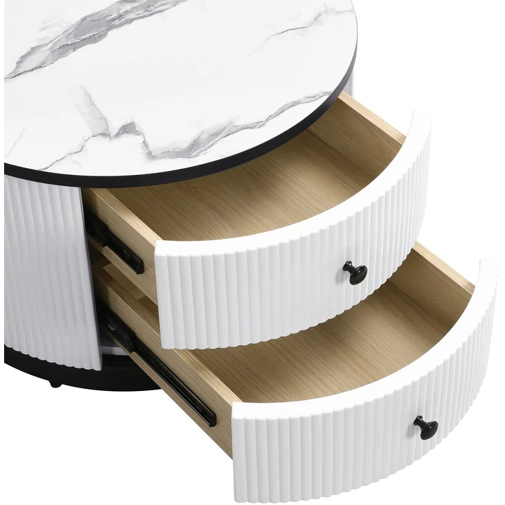 2er Couchtisch Set rund in Weiß, Wohnzimmertisch mit Marmoroptik Hochglanz, Beistelltisch mit Schubladen, modernes Tischset MDF – Bild 8