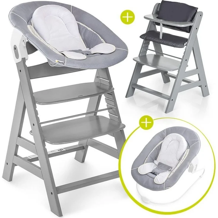 Hauck Hochstuhl Alpha Plus Grau - Newborn Set (Set, 4 St), Holz Babystuhl ab Geburt inkl. Aufsatz für Neugeborene & Sitzpolster – Bild 1