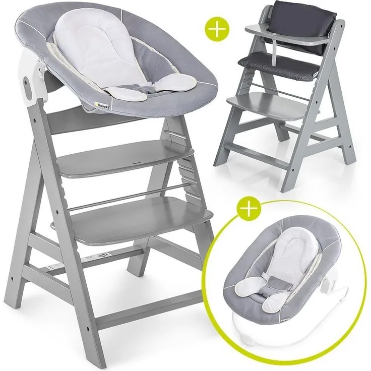 Hauck Hochstuhl Alpha Plus Grau - Newborn Set (Set, 4 St), Holz Babystuhl ab Geburt inkl. Aufsatz für Neugeborene & Sitzpolster