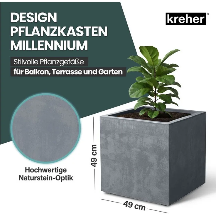 Kreher Pflanzkübel 'Millennium' aus Kunststoff 80 Liter, eckig, 2 Stück (Farbe wählbar)