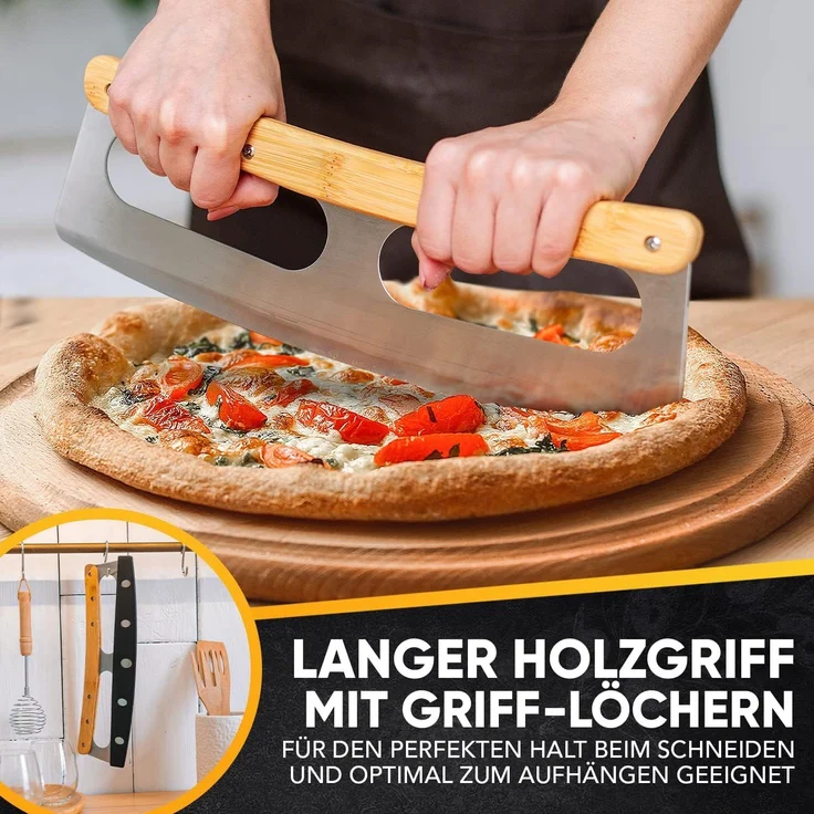 Loco Bird Pizzaschneider aus Edelstahl mit Bambusgriff und mit Klingenschutz, Allzweck-Wiegemesser: scharfe Klinge, robuster Griff - Edelstahl – Bild 4