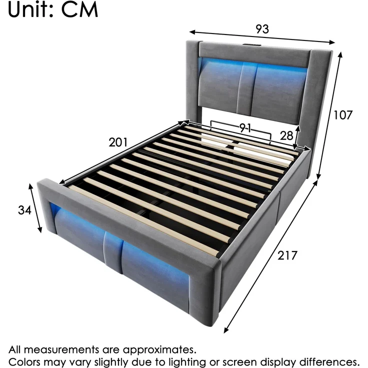 Einzelbett Samt mit Stauraum, LED & USB-Anschluss, 90x200 cm, Grau, ohne Matratze – Bild 6