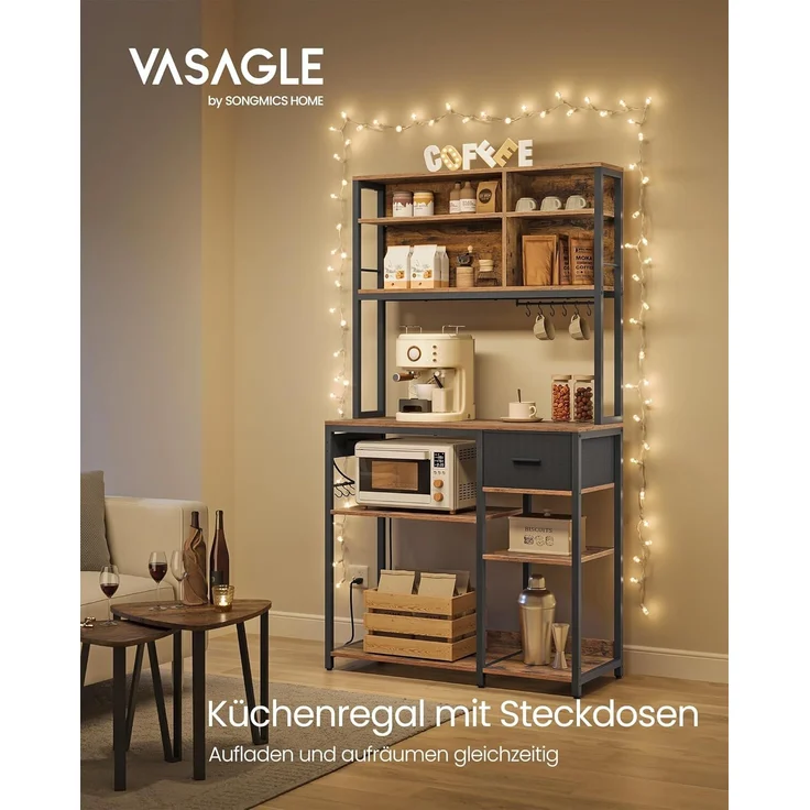 VASAGLE Küchenregal mit Steckdosen, Standregal, Mikrowellen-Regal, verstellbare Ablagen, Stoffschublade, 12 Haken, 40 x 100 x 180,4 cm, für Mikrowellen, Küche – Bild 3