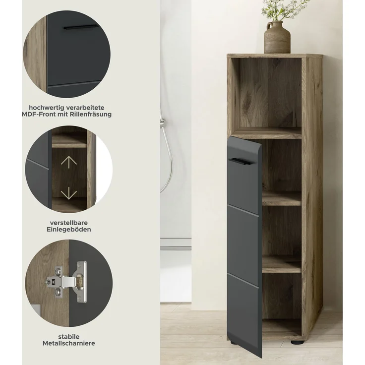 Standschrank hoch (B/H/T: 30x110x30 cm) in schwarz matt und Nox Oak Nachbildung – Bild 7
